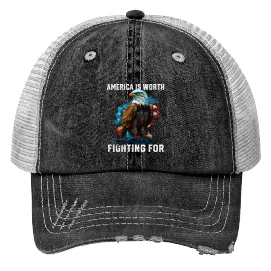 America is Worth Fighting For American Bald Eagle Trucker Hats