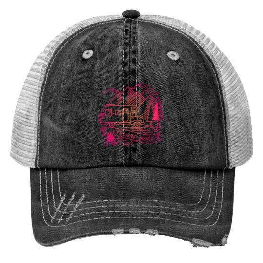 Explore More Pink Camper Van Nature Adventure Trucker Hats