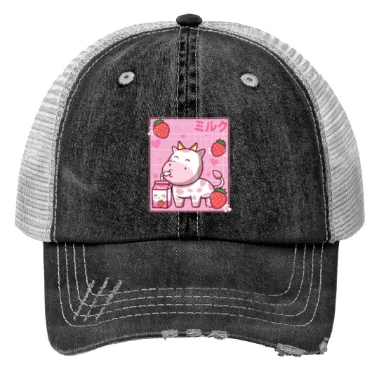 Kawaii Pink Strawberry Cow Milk Shake Otaku Anime Trucker Hats