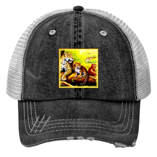 Jaguar Mom and Cubs Relaxing in Jungle. Buy Now Trucker Hats