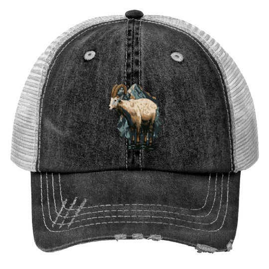 a mountain goat lives in the mountains Trucker Hats