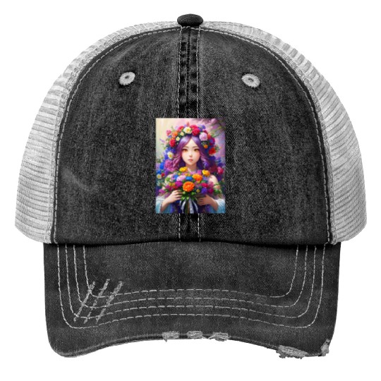 Spring Girl with a bouqet of flowers garland #4 Trucker Hats