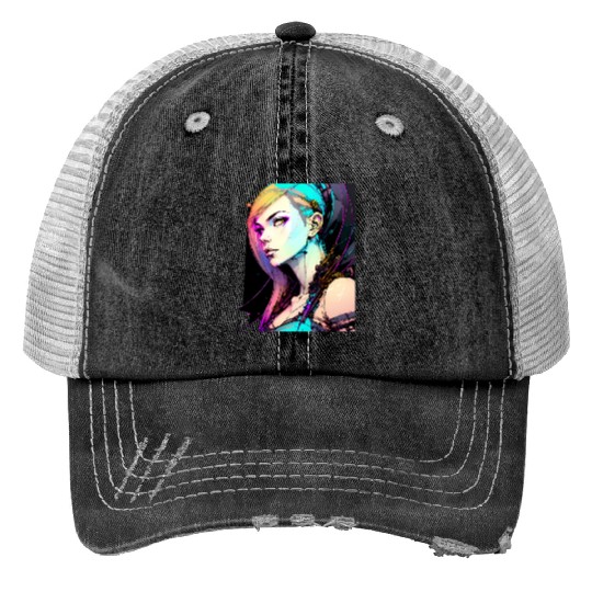 Neon Dreams A Cyberpunk Girl with Orange Teal Hair Trucker Hats
