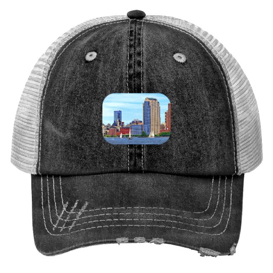 Manhattan NY - Boats By Manhattan Skyline Trucker Hats