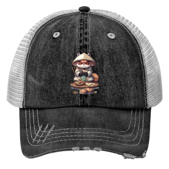 Tanuki Warrior Eat Sushi Trucker Hats