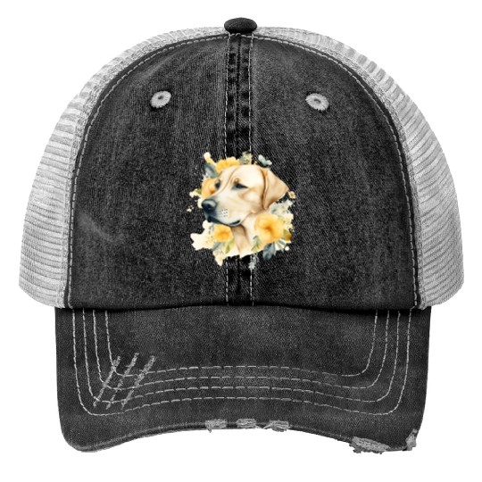 Yellow Lab Dog Watercolor Floral Trucker Hats