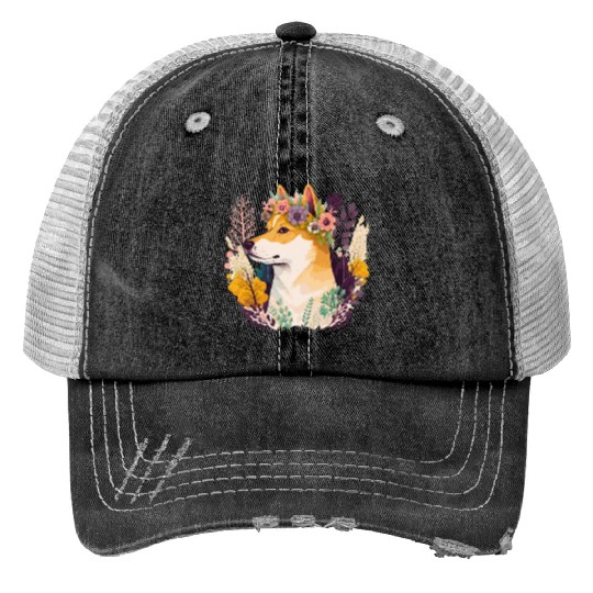 Cute Shiba Inu Flower Crown Pet Dog Breed Floral P Trucker Hats
