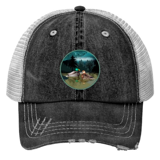 Duck couple in the duck pond at night & moonlight Trucker Hats