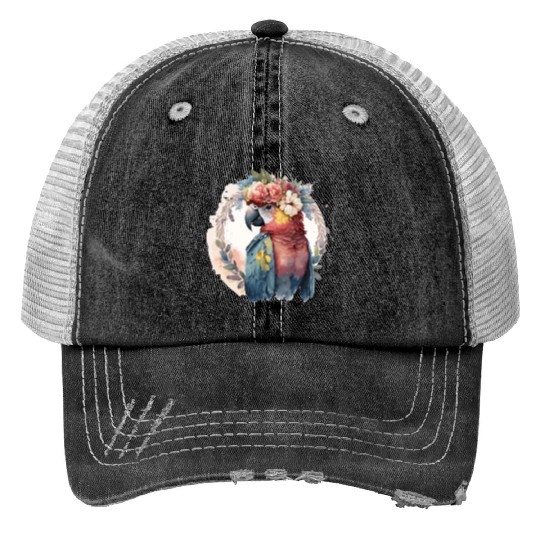 Watercolor Parrot Macaw Bird Flower Crown Pet Bird Trucker Hats