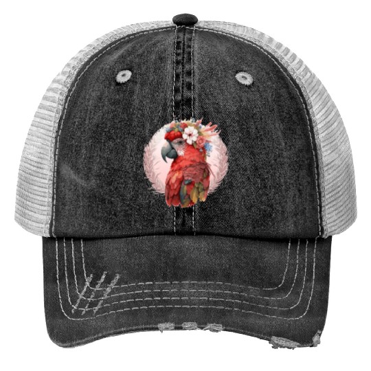 Red Scarlet Macaw Flower Crown Parrot Watercolor B Trucker Hats