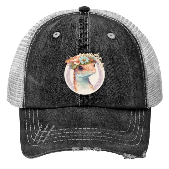 Cute Watercolor Gecko Reptile Flower Crown Boho Ae Trucker Hats