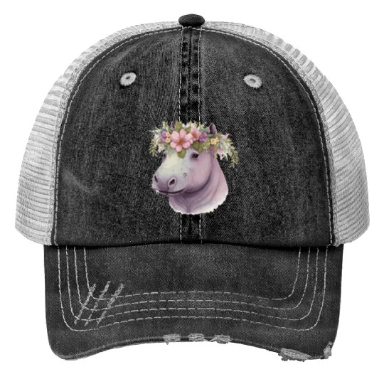 Watercolor Hippotamus Flower Crown Floral Pastel A Trucker Hats