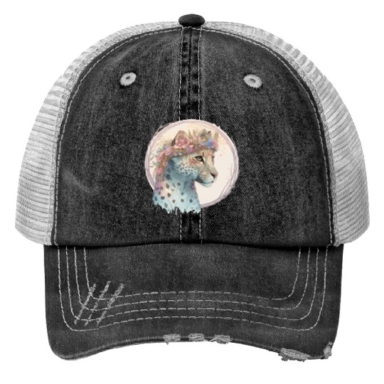 Cute Cheetah Flower Crown Floral Watercolor Animal Trucker Hats