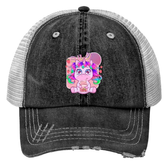 Funny Kawaii Unicorn Strawberry Milk Shake Trucker Hats