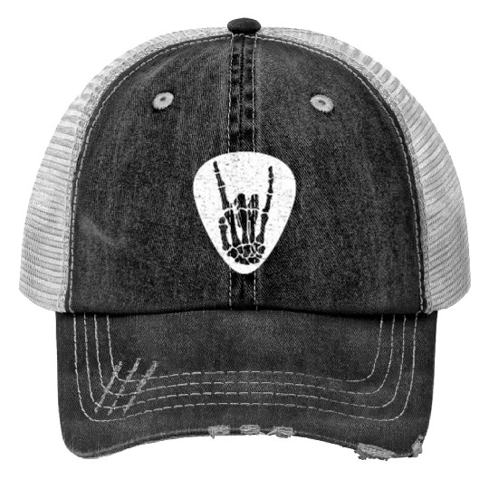 Cool Rock And Roll Skeleton Hand On A Guitar Pick Trucker Hats