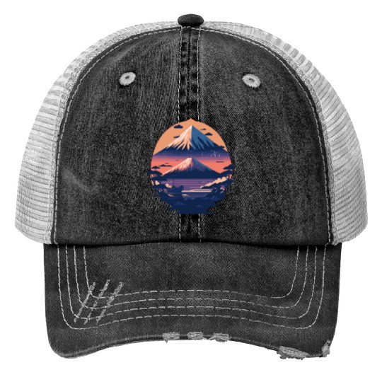 Serene Mount Fuji Sunset Peaceful River Scenery Trucker Hats