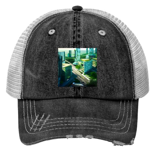 Green Horizon: A Vision of Sustainable Cityscape Trucker Hats