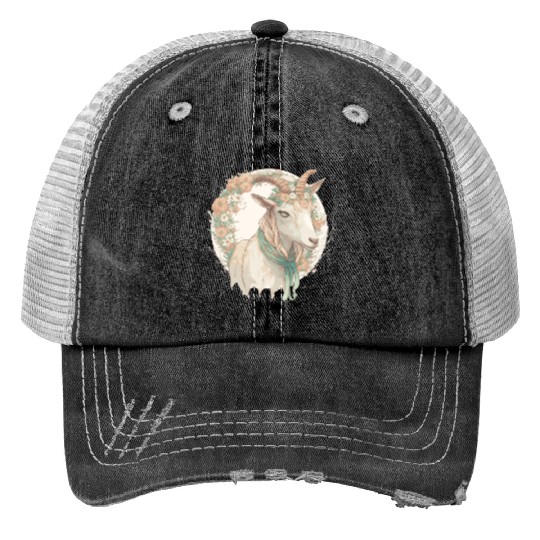 Watercolor Flower Goat Chinese Zodiac Animal Sign Trucker Hats