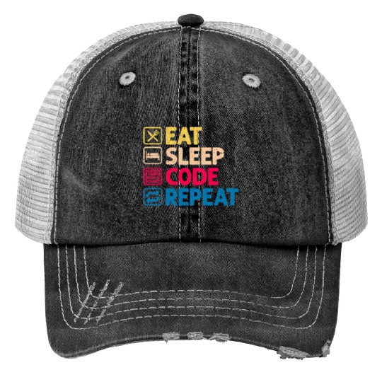 Eat Sleep Code Repeat Funny Binary Programmer Trucker Hats