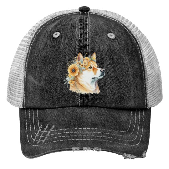 Watercolor Shiba Inu Sunflower Dog Breed Pet Puppy Trucker Hats