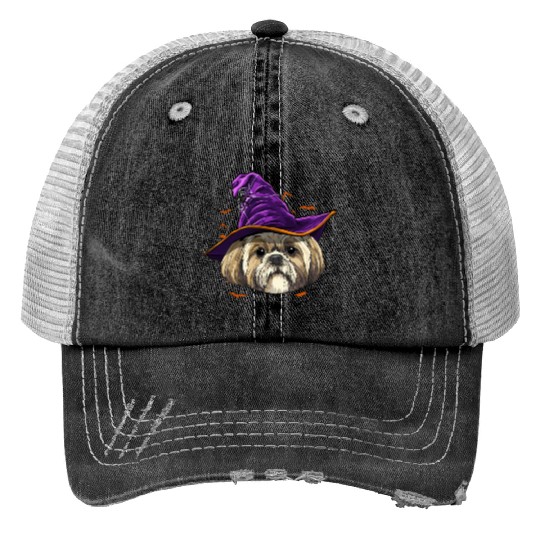 Shih Tzu Witch Halloween Dog Trucker Hats