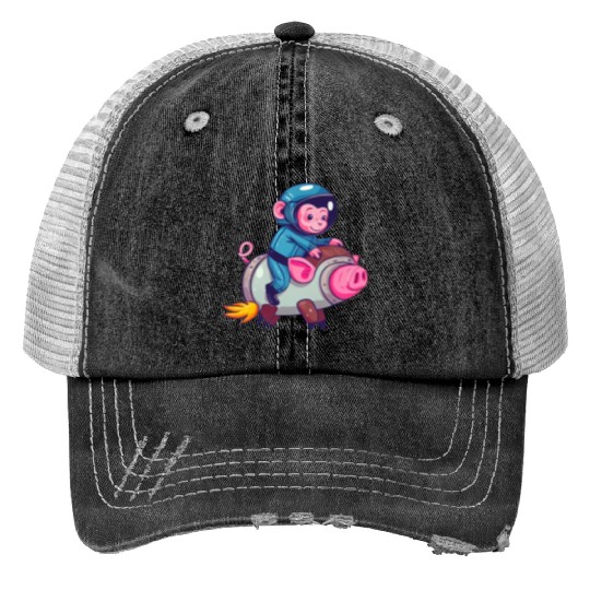 Pig and Monkey as Astronauts Trucker Hats