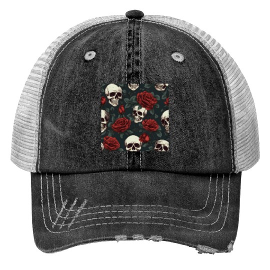 Dark Elegant Gothic Pattern Skulls & Red Roses Trucker Hats