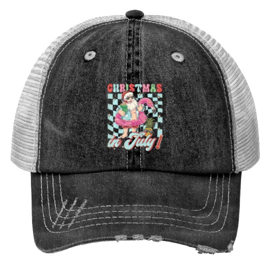 Christmas In July Groovy Santa Flamingo Float Trucker Hats