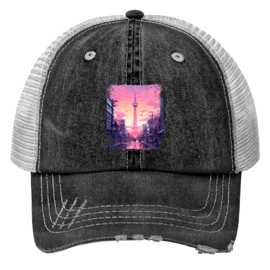 Aesthetic Vaporwave Skytree Tokyo Japanese Sight Trucker Hats