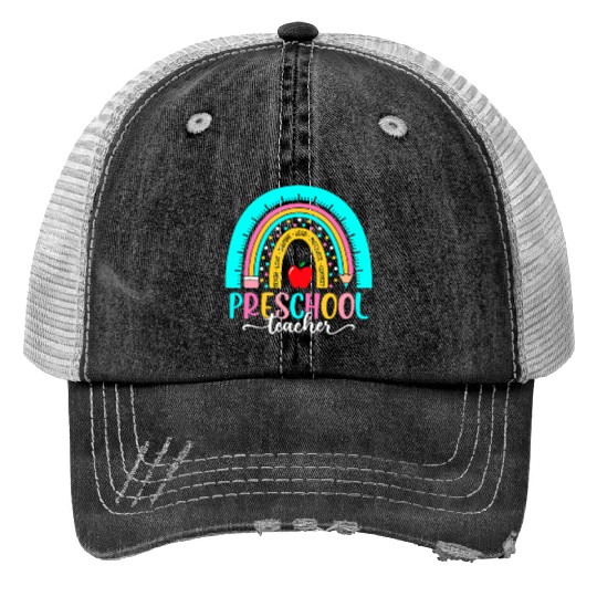 Back To School Preschool Teacher Leopard Rainbow Trucker Hats