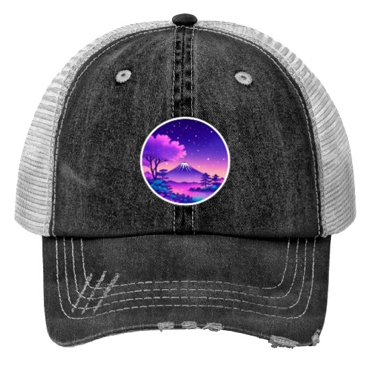 Japan Mount Fuji Night Sky Lo-Fi Art Retro Purple Trucker Hats