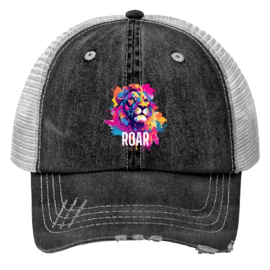Roar Trucker Hats: Lion Synthwave Graffiti Kids Trucker Hats