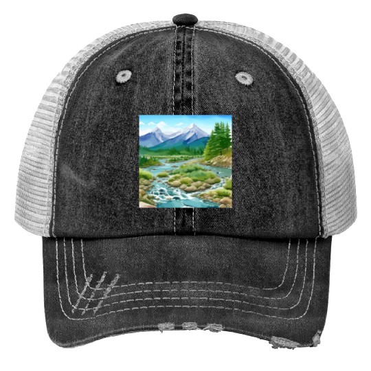 Watercolor Mountain River Trucker Hats