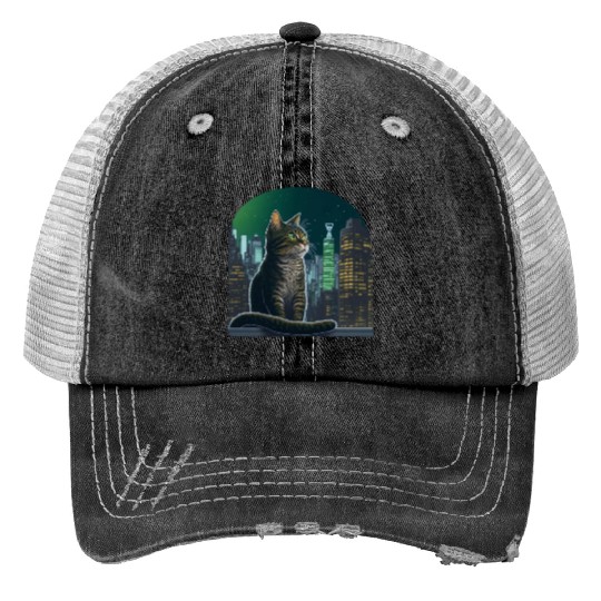 A talking cat. The cat is sitting on a windowsill. Trucker Hats