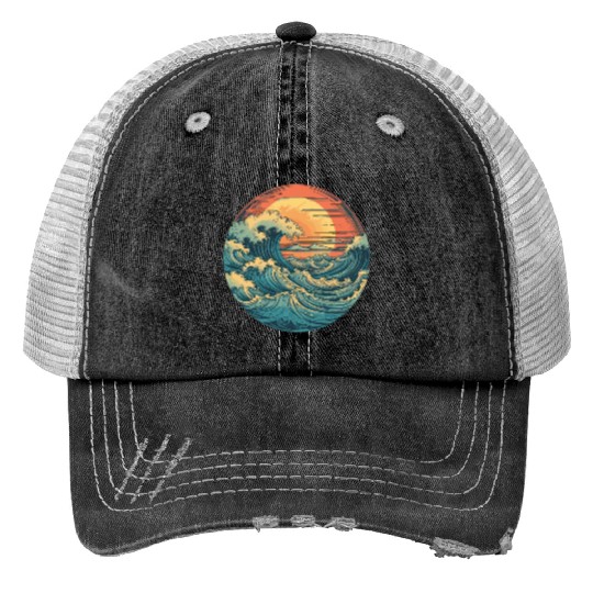 serene ocean sunset with large waves (2) Trucker Hats