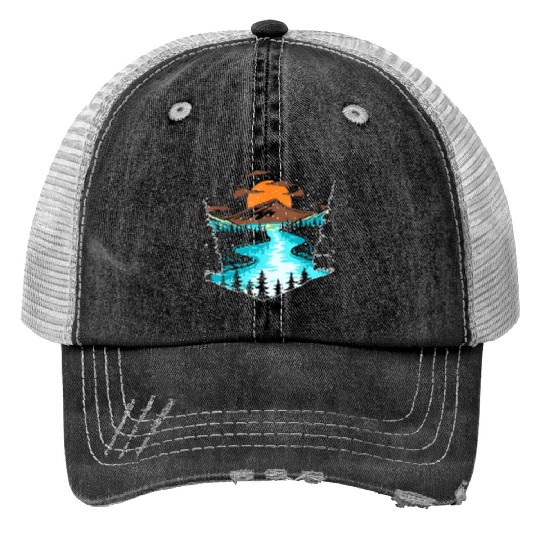 Wildlife Mountain River Outdoor Nature Full Moon Trucker Hats