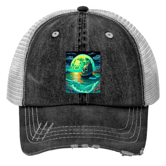 Pirate Ship With A Skull At Full Moon Trucker Hats