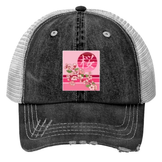 Cherry Blossom Trucker Hats, Sakura Flowers Kanji Pocket