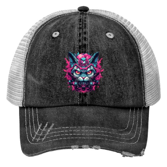 A funny cat mascot design in cyberpunk style Trucker Hats