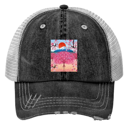 Sunset Sakura Mountains Gift Cherry Blossoms Trucker Hats