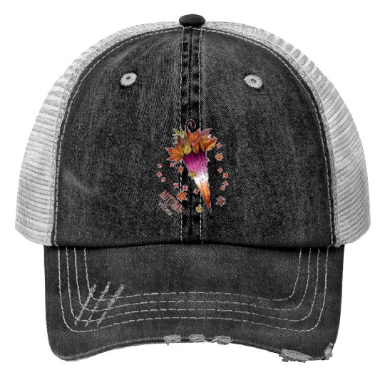 Autumn Vibes, Leaves and Umbrella, Lesbian Flag Trucker Hats