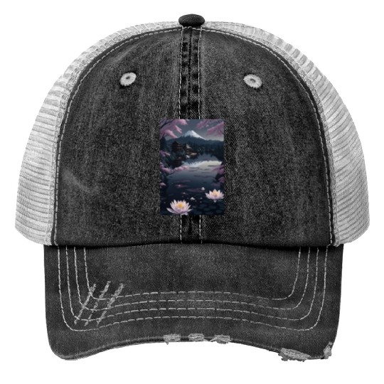 Asia Landscape by night Serene Mount Fuji Trucker Hats