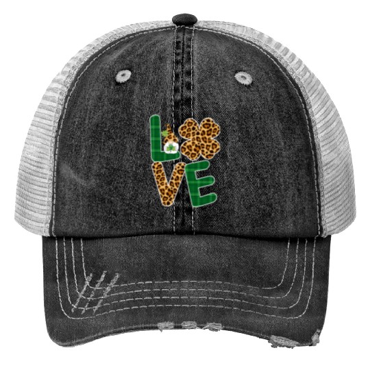 Love Irish Gnome Shamrock Leopard Plaid St Trucker Hats