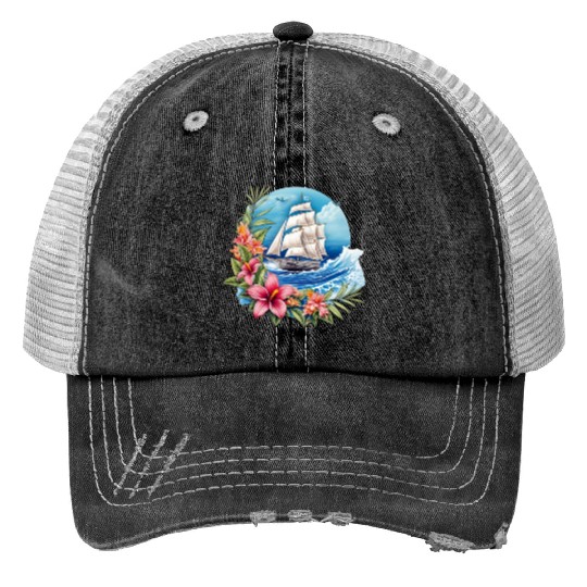Sailing Ship Sailing Orchids Flowers Sailboat Trucker Hats
