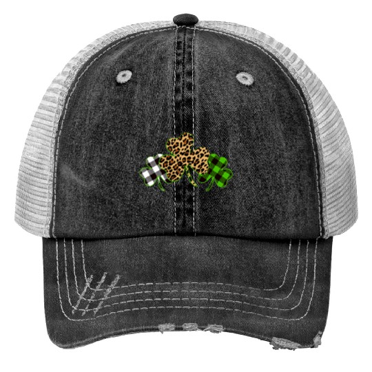 St Patricks Day Leopard Print Plaid Shamrock Trucker Hats