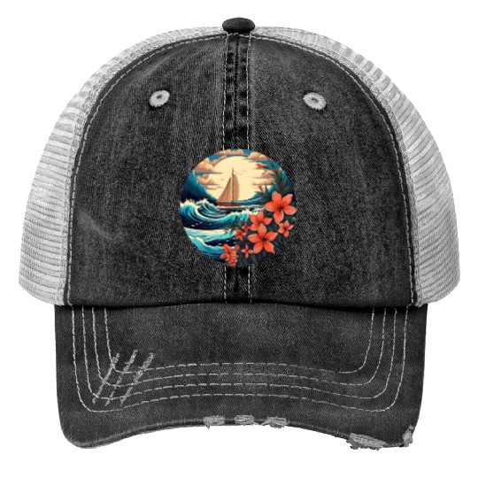 Sailing Ship Sailing Orchids Flowers Sailboat Trucker Hats