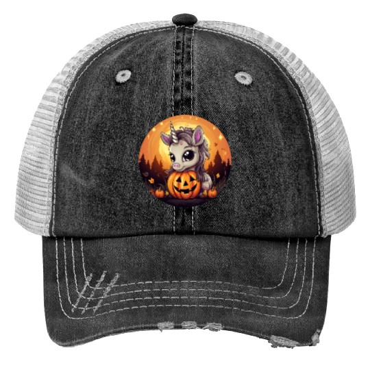 Halloween Unicorn with Pumpkin at Sunset Trucker Hats