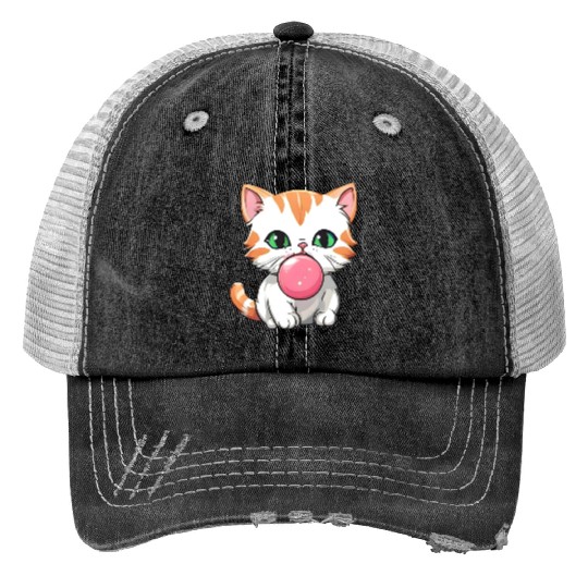 Orange & White Kitten Blowing Bubble - Green Eyes Trucker Hats