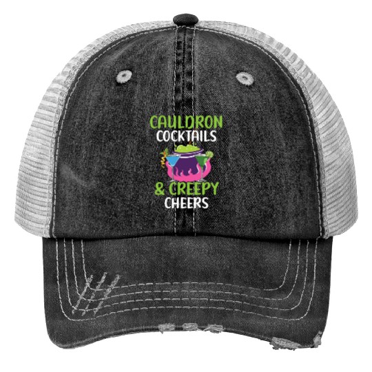 Cauldron Cocktails & Creepy Cheers Halloween Trucker Hats