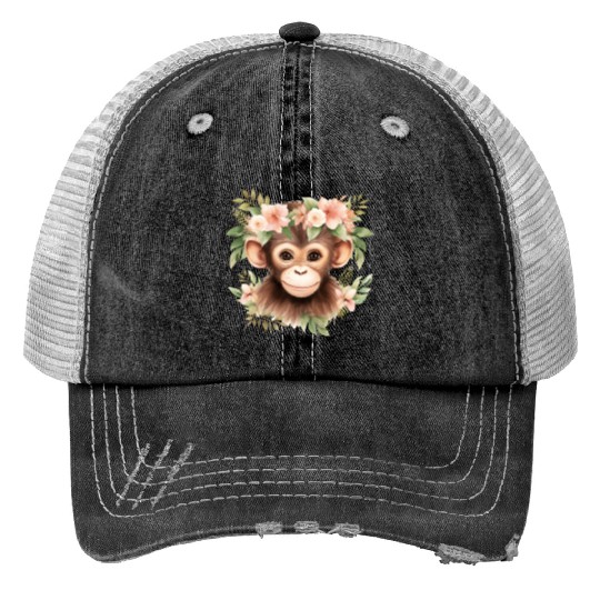 Monkey Chimpanzee Jungle Animal Boho Floral Ape Trucker Hats